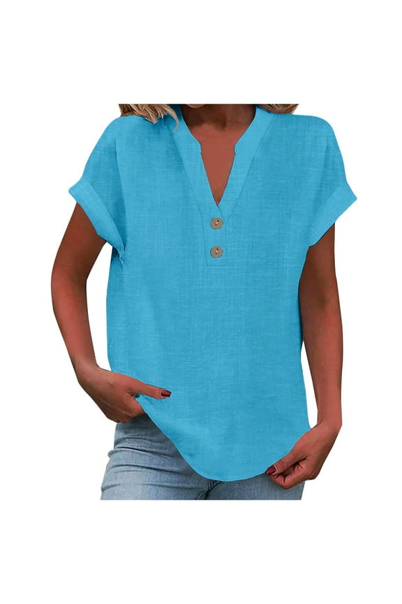 Womens Button Down Shirts Short Sleeve Soild Color Linen V Neck Tops Casual Collared Button Down Blouses Loose Spring Summer Beach Tops