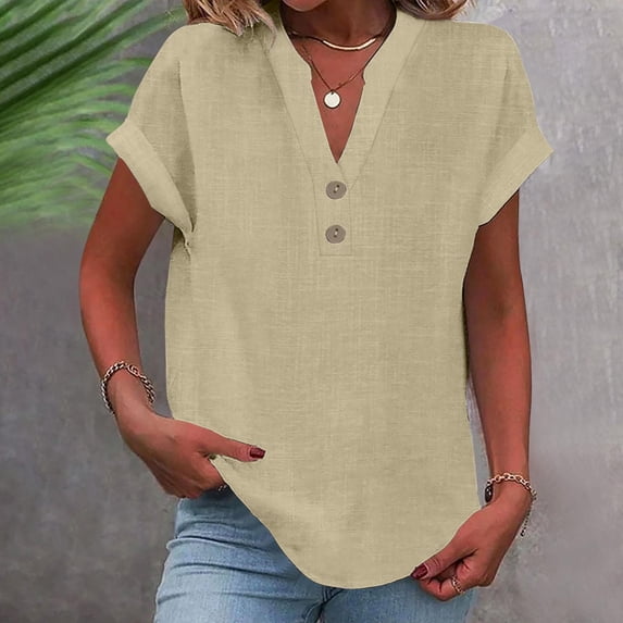 Danhjin Womens Button Down Shirts Short Sleeve Soild Color Linen V Neck Tops Casual Collared Button Down Blouses Loose Spring Summer Beach Tops