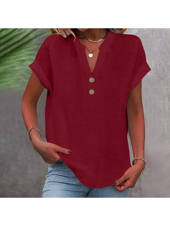 Womens Button Down Shirts Short Sleeve Soild Color Linen V Neck Tops Casual Collared Button Down Blouses Loose Spring Summer Beach Tops