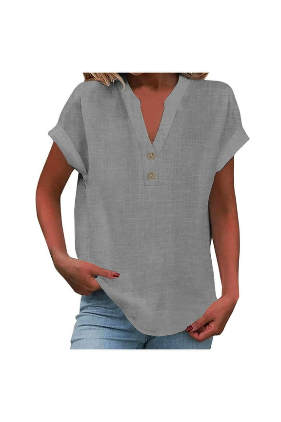 Womens Button Down Shirts Short Sleeve Soild Color Linen V Neck Tops Casual Collared Button Down Blouses Loose Spring Summer Beach Tops