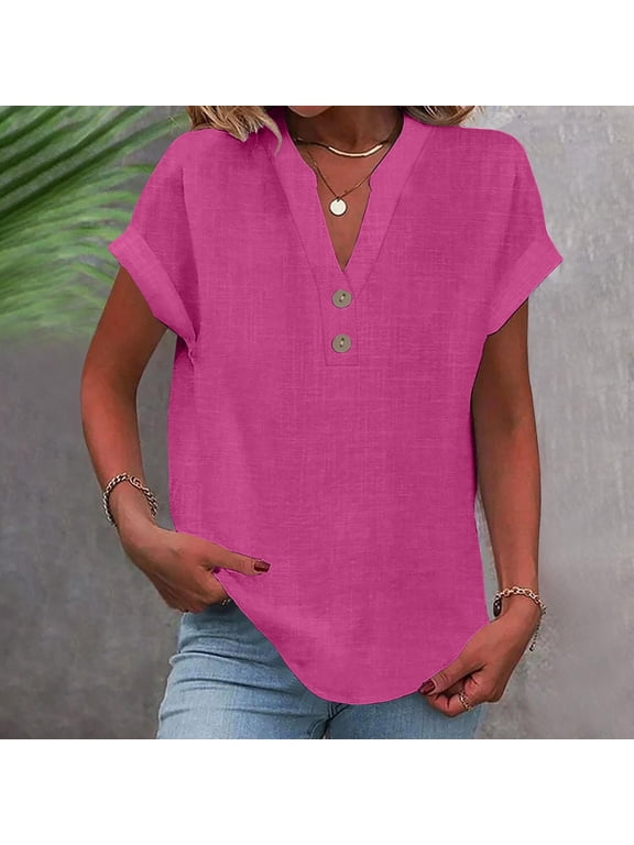 Womens Button Down Shirts Short Sleeve Soild Color Linen V Neck Tops Casual Collared Button Down Blouses Loose Spring Summer Beach Tops