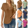 thumbnail image 1 of Danhjin Womens Button Down Shirts Short Sleeve Soild Color Linen V Neck Tops Casual Collared Button Down Blouses Loose Spring Summer Beach Tops, 1 of 5