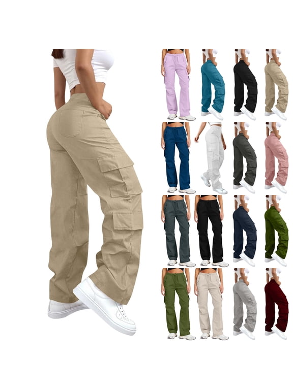 Womens Cargo Pants Lightweight Travel Hiking Cargo Pants Soft Stretch Baggy Elastic Drawstring Casual Streetwear