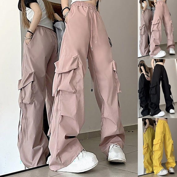 Danhjin Womens Cargo Pants Lightweight Travel Hiking Cargo Pants Soft Stretch Wide Leg High Waisted Elastic Drawstring Casual Streetwear
