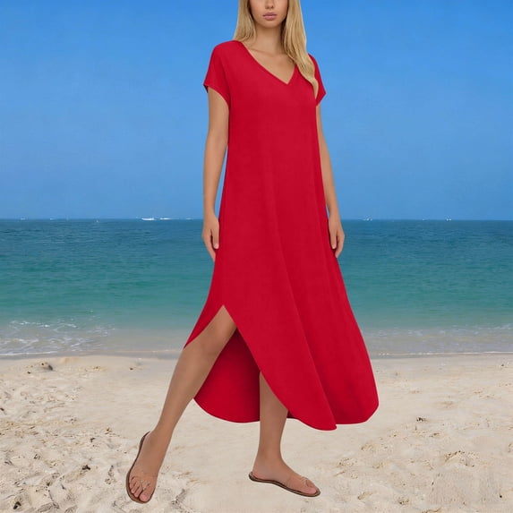 Danhjin Womens Casual Short Sleeve Maxi Dress 2026 V Neck Flowy Loose Long Office Summer Beach Travel Dresses Plus Size Ruched Boho With Pockets