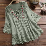 Danhjin Womens Cotton Tops 3/4 Bell Sleeve Blouse Crewneck Lace Tops Floral Plus Size Casual Shirts Tunic Blouses Tops - Fall