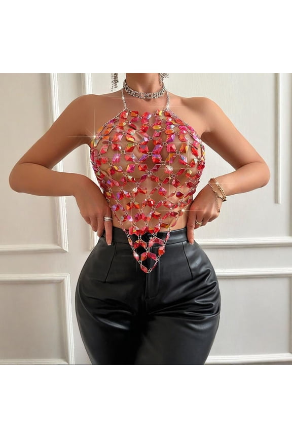 Womens Halter Top Summer Backless Tank Sleeveless Shirts Gemstones Patch Spring Casual Fashion Solid Color Going Out Loungewear Lightweight Comfy Soft Fashion Top