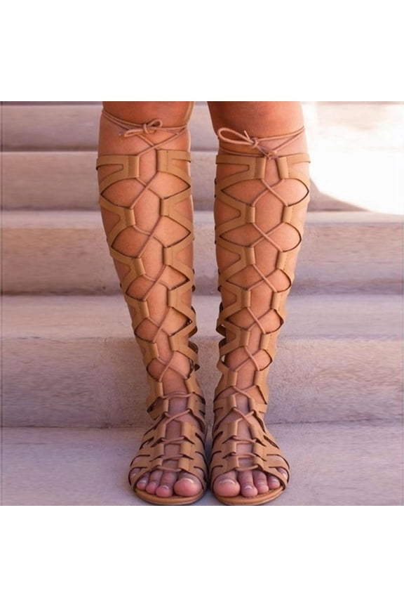 Womens Knee High Caged Gladiator Strappy Flat Sandals Zipper Strappy Roma Sandals