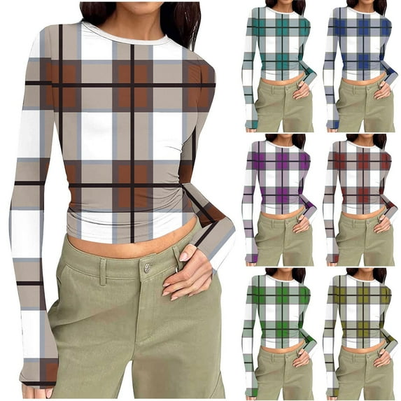Danhjin Womens Long Sleeve Tops Round Neck Skinny Stretch Shirts Plaid Print Causal Soft Blouse Fall Fashion