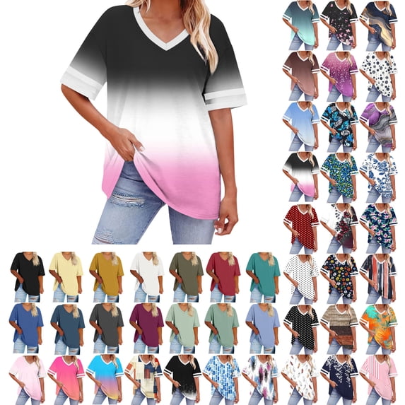 Danhjin Womens Plus Size Shirts V Neck Short Sleeve Summer Tops Gradient Color Pullover Casual Loungewear Lightweight Going out Colorful Fashion T Shirts
