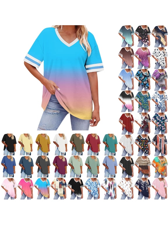Womens Plus Size Shirts V Neck Short Sleeve Summer Tops Gradient Color Pullover Casual Loungewear Lightweight Going out Colorful Fashion T Shirts