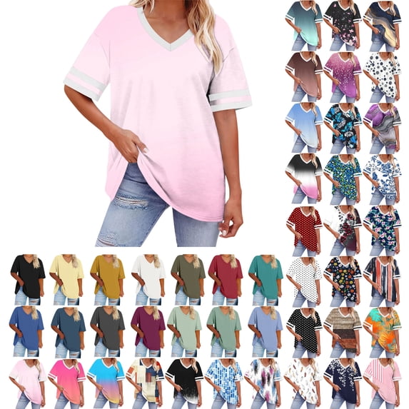Danhjin Womens Plus Size Shirts V Neck Short Sleeve Summer Tops Gradient Color Pullover Casual Loungewear Lightweight Going out Colorful Fashion T Shirts