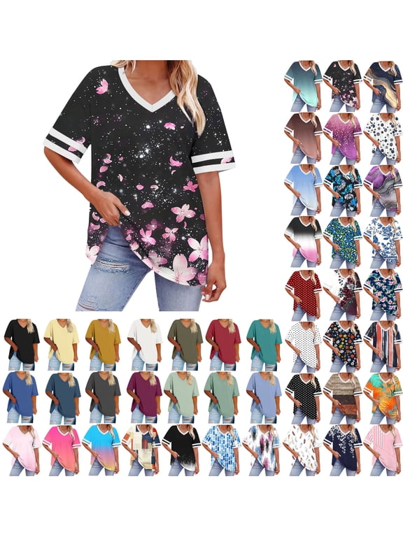 Womens Plus Size Shirts V Neck Short Sleeve Summer Tops Printed Pullover Casual Loungewear Lightweight Going out Graphic Fashion T Shirts