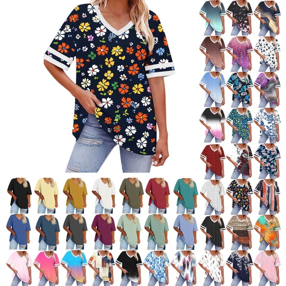 Danhjin Womens Plus Size Shirts V Neck Short Sleeve Summer Tops Printed Pullover Casual Loungewear Lightweight Going out Graphic Fashion T Shirts