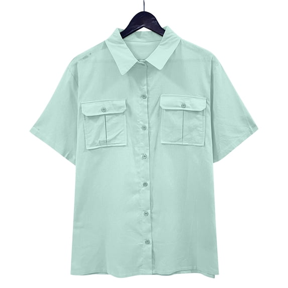 Danhjin Womens Shirts Short Sleeve Linen V Neck Tops Casual Collared Blouses Loose Spring Summer Beach Tops