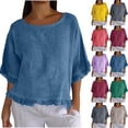 thumbnail image 1 of Danhjin Womens Shirts Short Sleeve Linen Crew Neck Tops Casual Collared Blouses Loose Spring Summer Beach Tops, 1 of 8