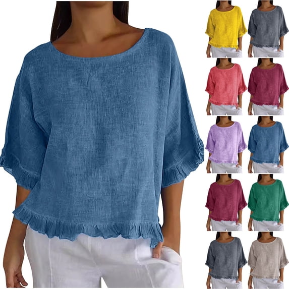 Danhjin Womens Shirts Short Sleeve Linen Crew Neck Tops Casual Collared Blouses Loose Spring Summer Beach Tops