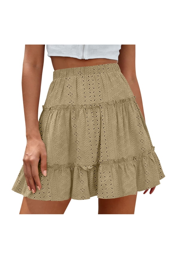Womens Skirts with Liner Ruffle Hem Layer Hollow out Elastic Waist Mini Skirts Summer Springs Breathable Lightweight Casual Comfy Fashion Stylish Short Skirt