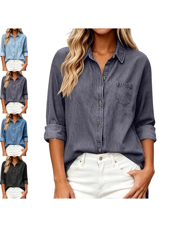 Womens Summer Denim Shirt Casual Long Sleeve Turn Down Collar Jean Blouse Tops with Pockets