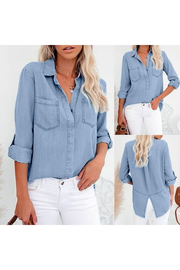 Womens Summer Denim Shirt with Back Split Casual Long Sleeve Turn Down Collar Jean Blouse Tops with Pockets