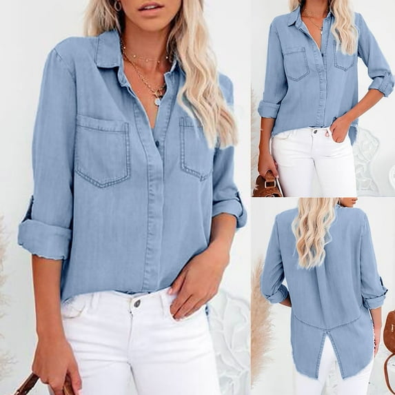 Danhjin Womens Summer Denim Shirt with Back Split Casual Long Sleeve Turn Down Collar Jean Blouse Tops with Pockets