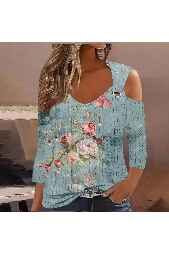 Womens Summer Tops Cold Shoulder 3/4 Sleeve Blouses Printed Cre W Neck Casual Tshirts Basic Summer Tees
