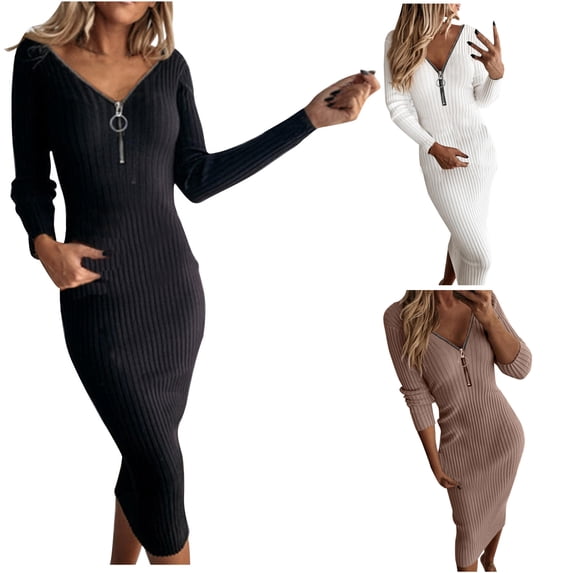 Danhjin Womens Sweater Dresses Half Zipper V Neck Slim Midi Dress Fall Winter Fashion Solid Color Long Sleeve Knitwear Elastic Dresses