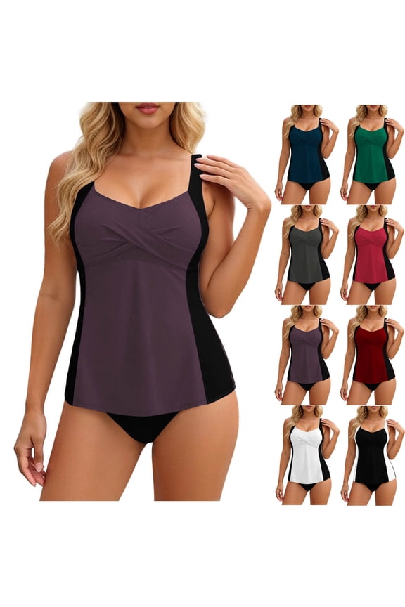 Womens Tankini Swimsuit 2 Piece Set Color Matching Swimwear Faux Wrap Cute Fashion Attractive Summer Beach Swimming Bathing Suits Set