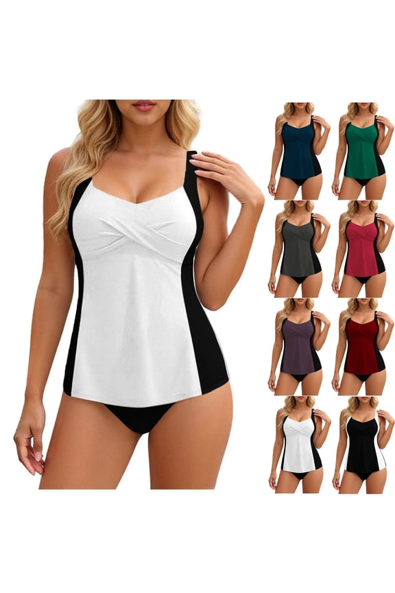 Womens Tankini Swimsuit 2 Piece Set Color Matching Swimwear Faux Wrap Cute Fashion Attractive Summer Beach Swimming Bathing Suits Set