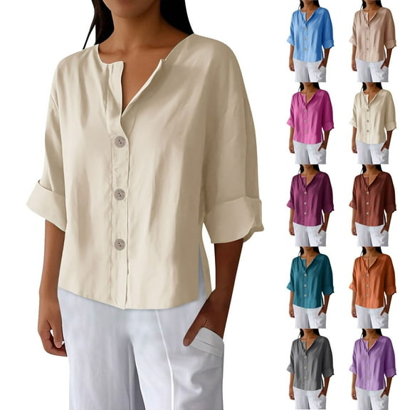 Danhjin Womens Tops 3/4 Sleeve V Neck Button Down Shirts Cotton Casual Tees Summer Fashion Top