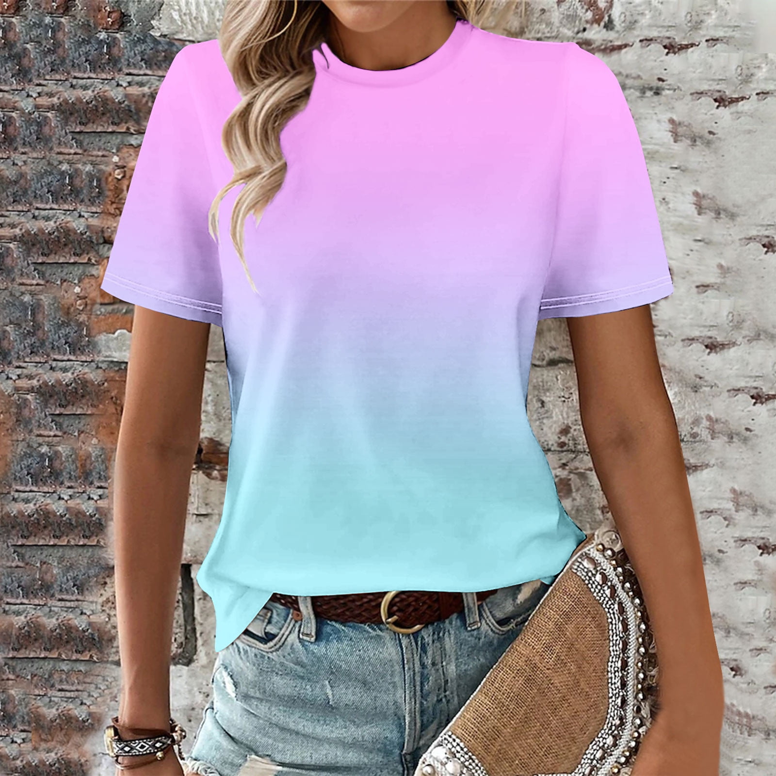 Danhjin Womens Round Neck Short Sleeve Cute T Shirts Gradient Color Summer Tops Casual Loose Tees Trending Nows