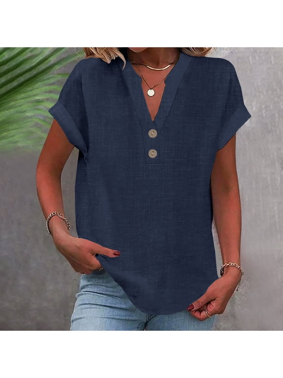 Womens Button Down Shirts Short Sleeve Soild Color Linen V Neck Tops Casual Collared Button Down Blouses Loose Spring Summer Beach Tops