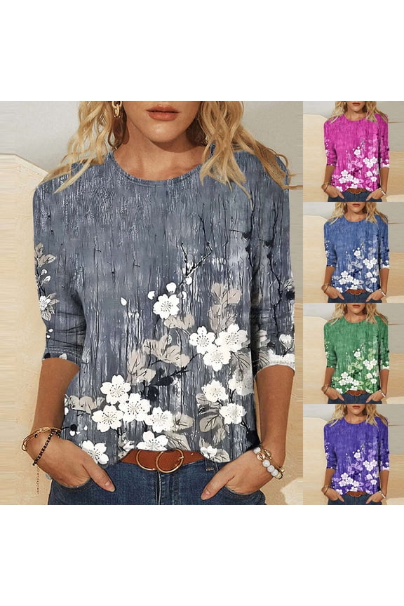 Womens Tops Casual 3/4 Sleeve Shirts Cre W Neck Loose Casual Blouses Floral Print Tshirts