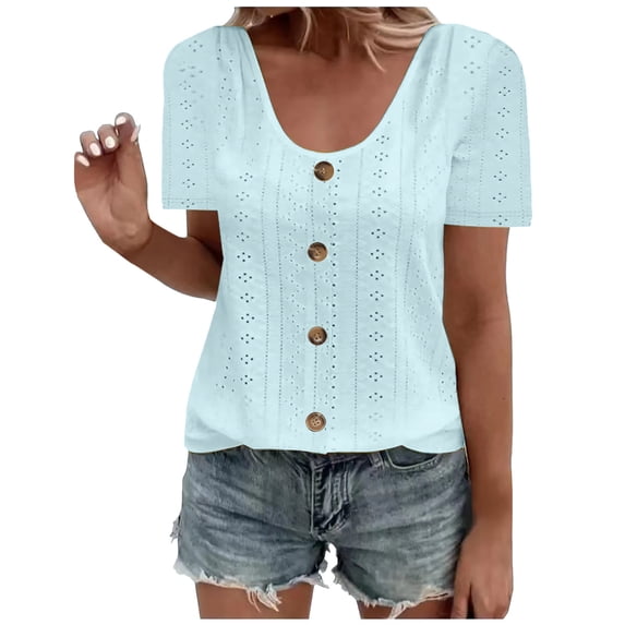 Danhjin Womens Tops Trendy V Neck Button Down Short Sleeve Tshirts Business Casual Basic Tee Loose Casual Summer Top
