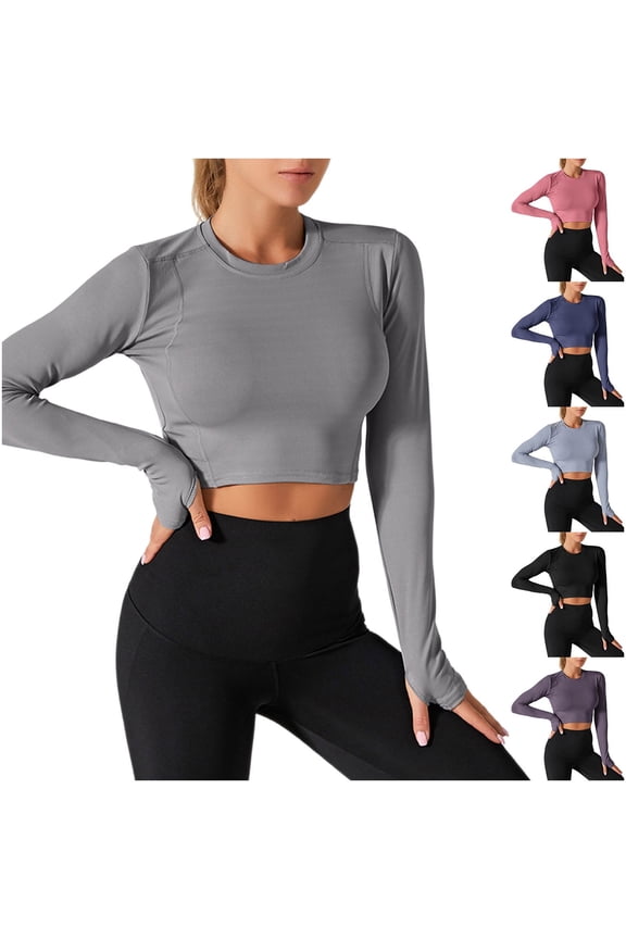 Workout Shirts for Women Cropped Long Sleeve Sun Protection Crew Neck Solid Color Fashion Pullover Tops Fall Summer Spring Casual Slim Running Yoga Jogging Blouses with Thumb Hole