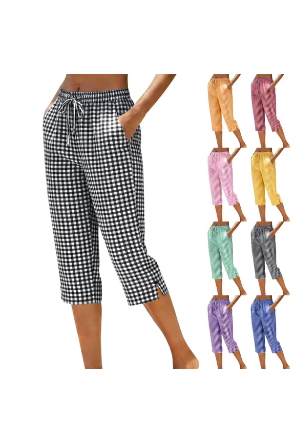 Yellow Women's Linen Capri Pants Casual High Waisted Drawstring Wide Leg Loose Straight Leg Spring Summer Vacation Comfy Beach Pant With Pockets