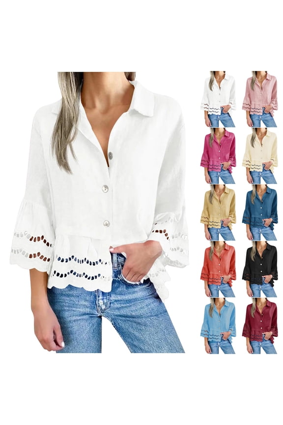 Danhjin Yellow Womens Summer Tops Button Down Shirts 3/4 FLared Sleeve Lape L V Neck Lace Blouses Casual Loose Hollow Out Ruffle He M Tops