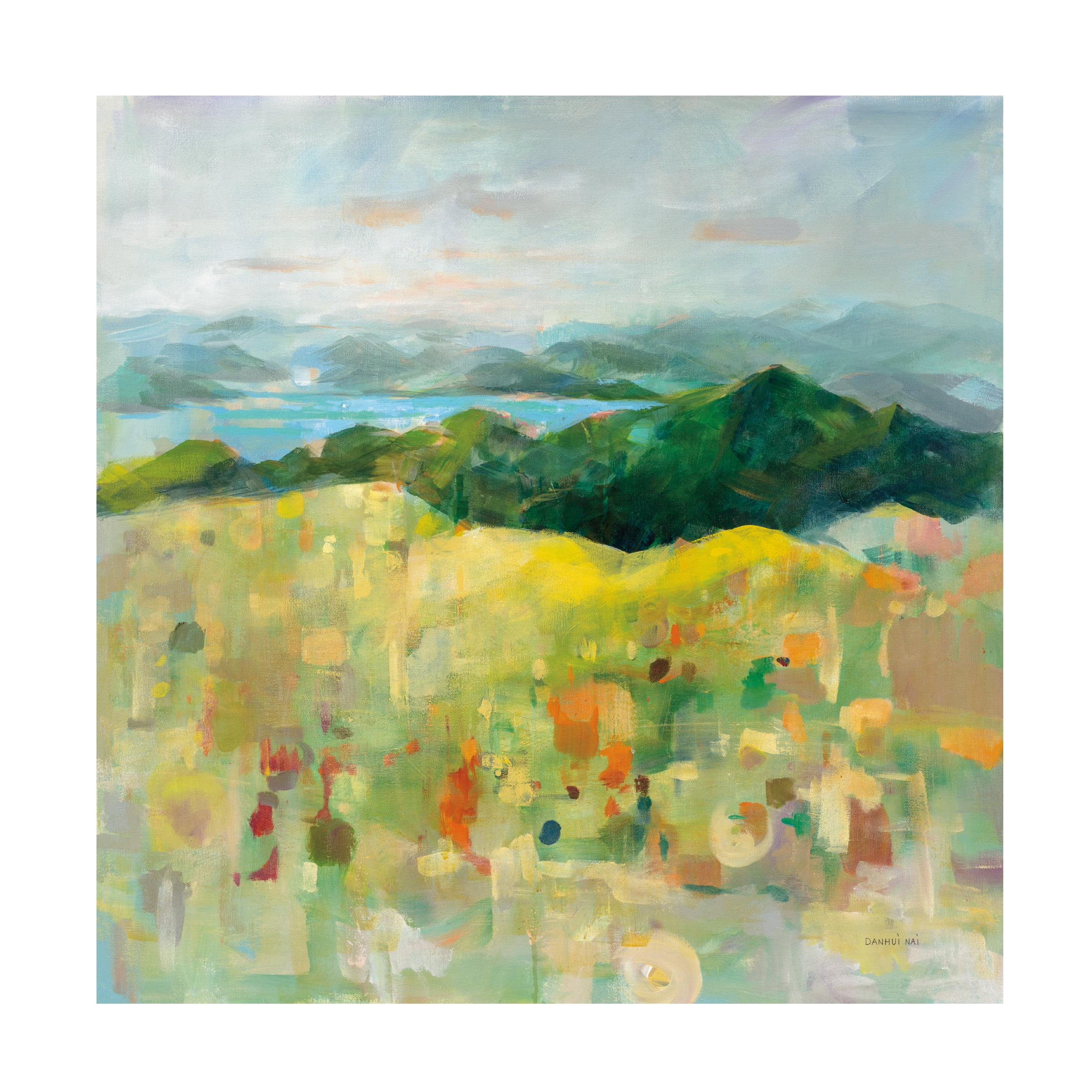 Modern Landscape Canvas Art in Green and Yellow, 24" x 24"