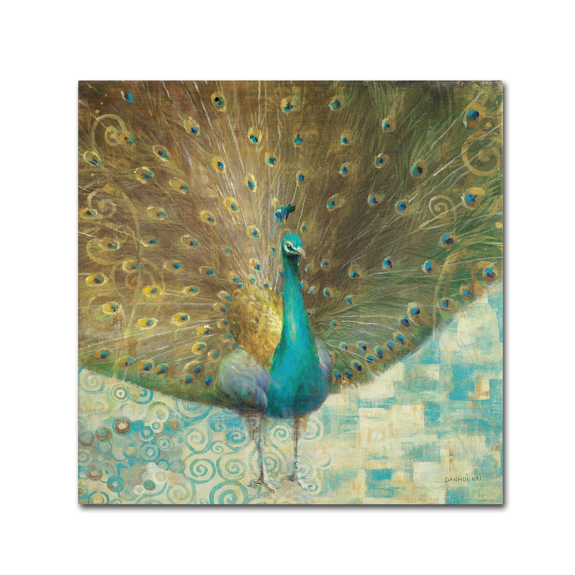 Teal Peacock on Gold Canvas Painting by Danhui Nai