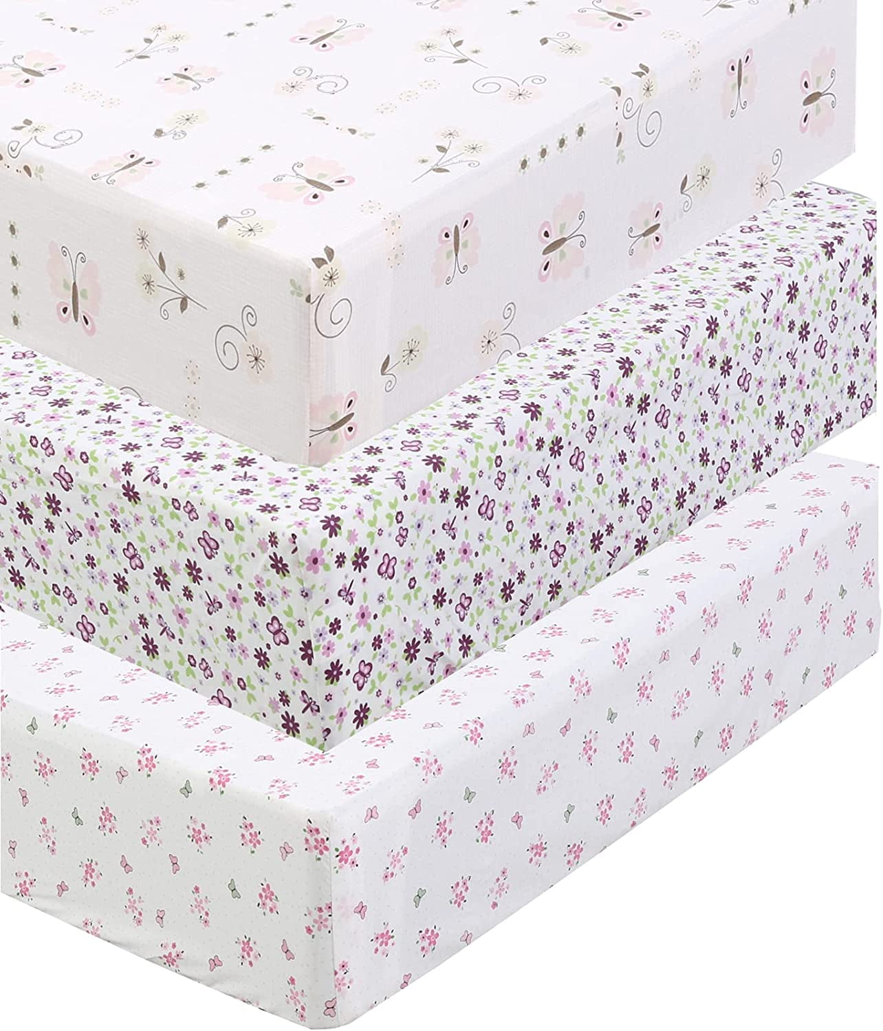 Danica 100% Cotton Fitted Baby Crib Sheet 3 Pack for baby Boys Girls |Standard Crib And Toddler Mattress Sheets | 28x52 Inch (3PK, Butterfly Blossoms)