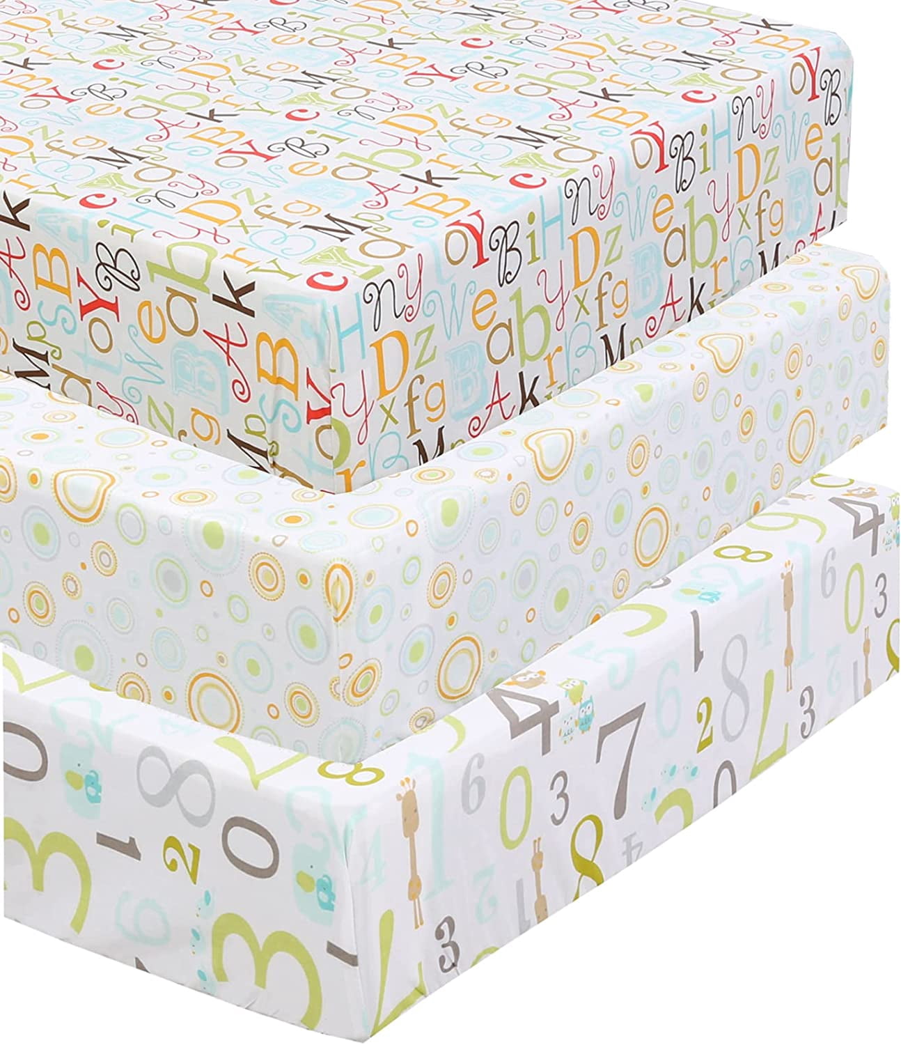 Danica 100% Cotton Fitted Baby Crib Sheet 3 Pack for baby Boys Girls |Standard Crib And Toddler Mattress Sheets | 28x52 Inch (3PK, ABC & 123)
