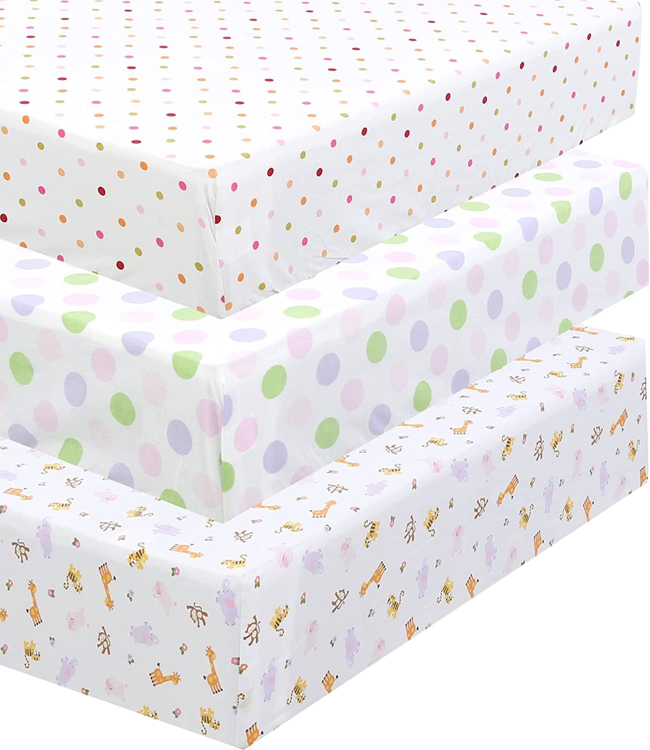 Danica 100% Cotton Fitted Baby Crib Sheet 3 Pack for baby Boys Girls |Standard Crib And Toddler Mattress Sheets | 28x52 Inch (3PK, Animal Polka Dots)