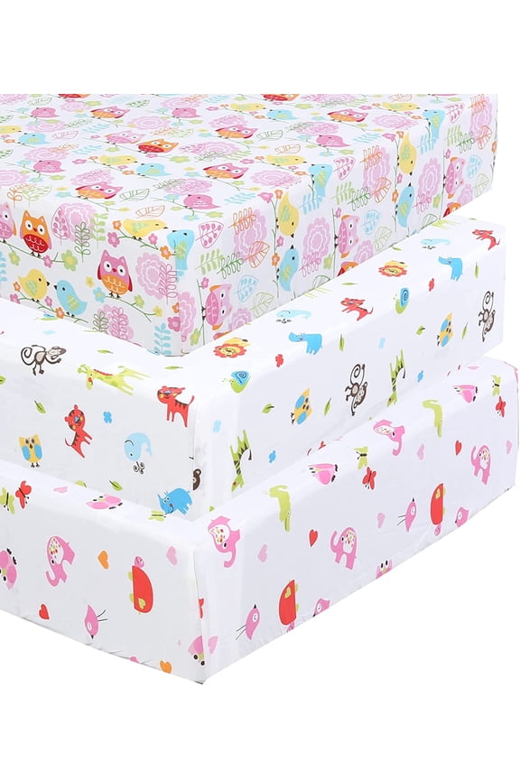100% Cotton Fitted Baby Crib Sheet 3 Pack for baby Boys Girls |Standard Crib And Toddler Mattress Sheets | 28x52 Inch (3PK, Animal World )