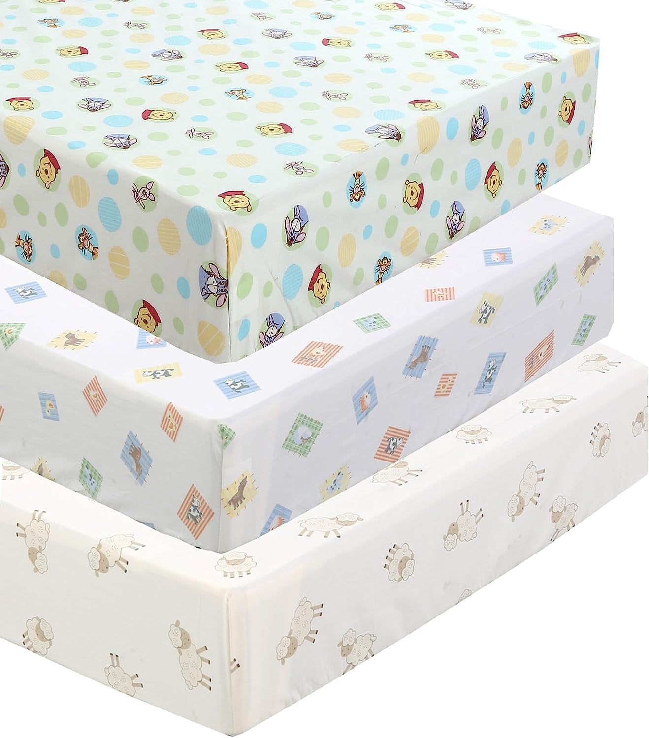 Danica 100% Cotton Fitted Baby Crib Sheet 3 Pack for baby Boys Girls |Standard Crib And Toddler Mattress Sheets | 28x52 Inch (3PK, Pooh & Animals)