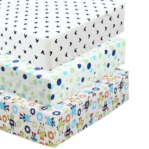 Danica 100% Cotton Fitted Baby Crib Sheet 3 Pack for baby Boys Girls |Standard Crib And Toddler Mattress Sheets | 28x52 Inch (3PK, Robot Mickey)