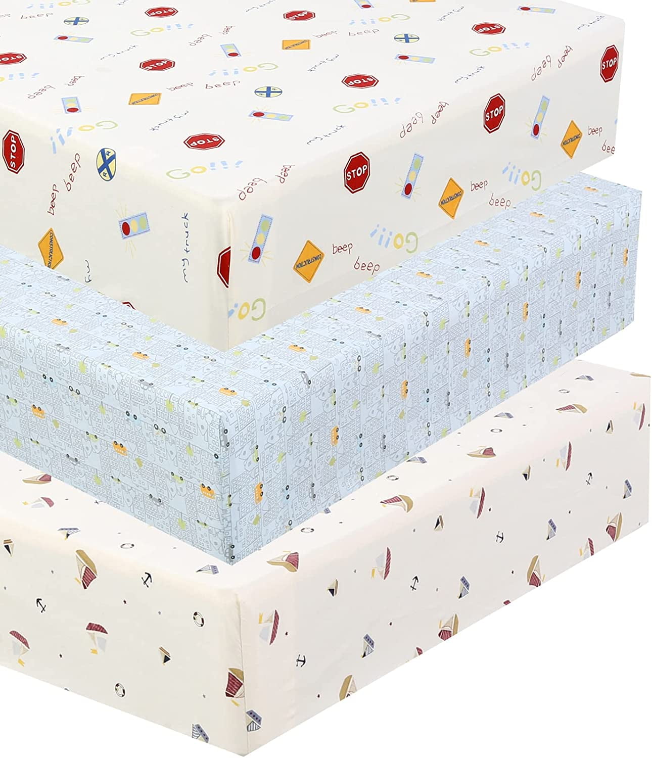 Danica 100% Cotton Fitted Baby Crib Sheet 3 Pack for baby Boys Girls |Standard Crib And Toddler Mattress Sheets | 28x52 Inch (3PK, Transportation)