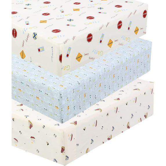 Danica 100% Cotton Fitted Baby Crib Sheet 3 Pack for baby Boys Girls |Standard Crib And Toddler Mattress Sheets | 28x52 Inch (3PK, Transportation)
