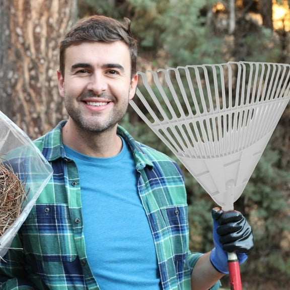 Danieerclosy 24-Tooth Rubber Garden Rake, Heavy-Duty Leaf Sweeper for Gravel/Lawn, Ergonomic Fiberglass Handle with Anti-Slip Grip