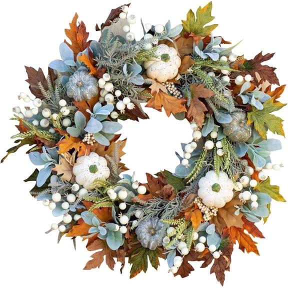 Danieerclosy Fall Thanksgiving Harvest Wreath Decorations, Fall Wreaths for Front Door, Beautiful Artificial Autumn Wreath with Pumpkin Flower Rose Mixed Leaves Fall Door Wreath