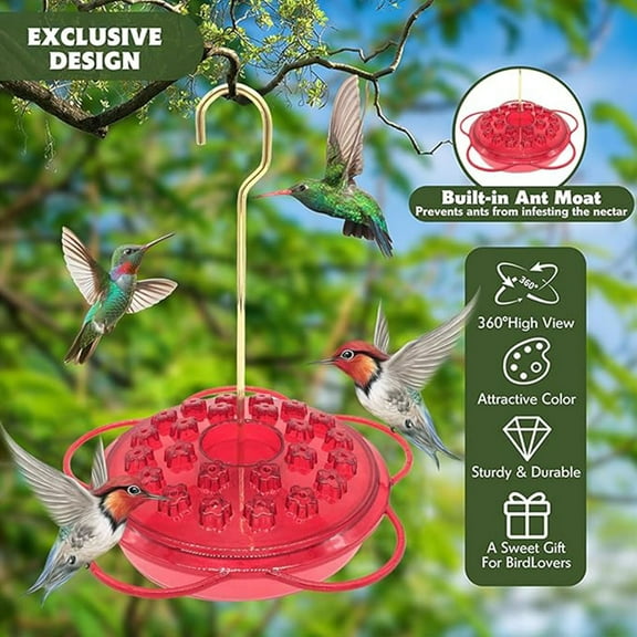 Danieerclosy Red Flower Hook Hummingbird Feeder, Leakproof Plastic Dispenser with Perch Rings, Garden Pollinator Water Station